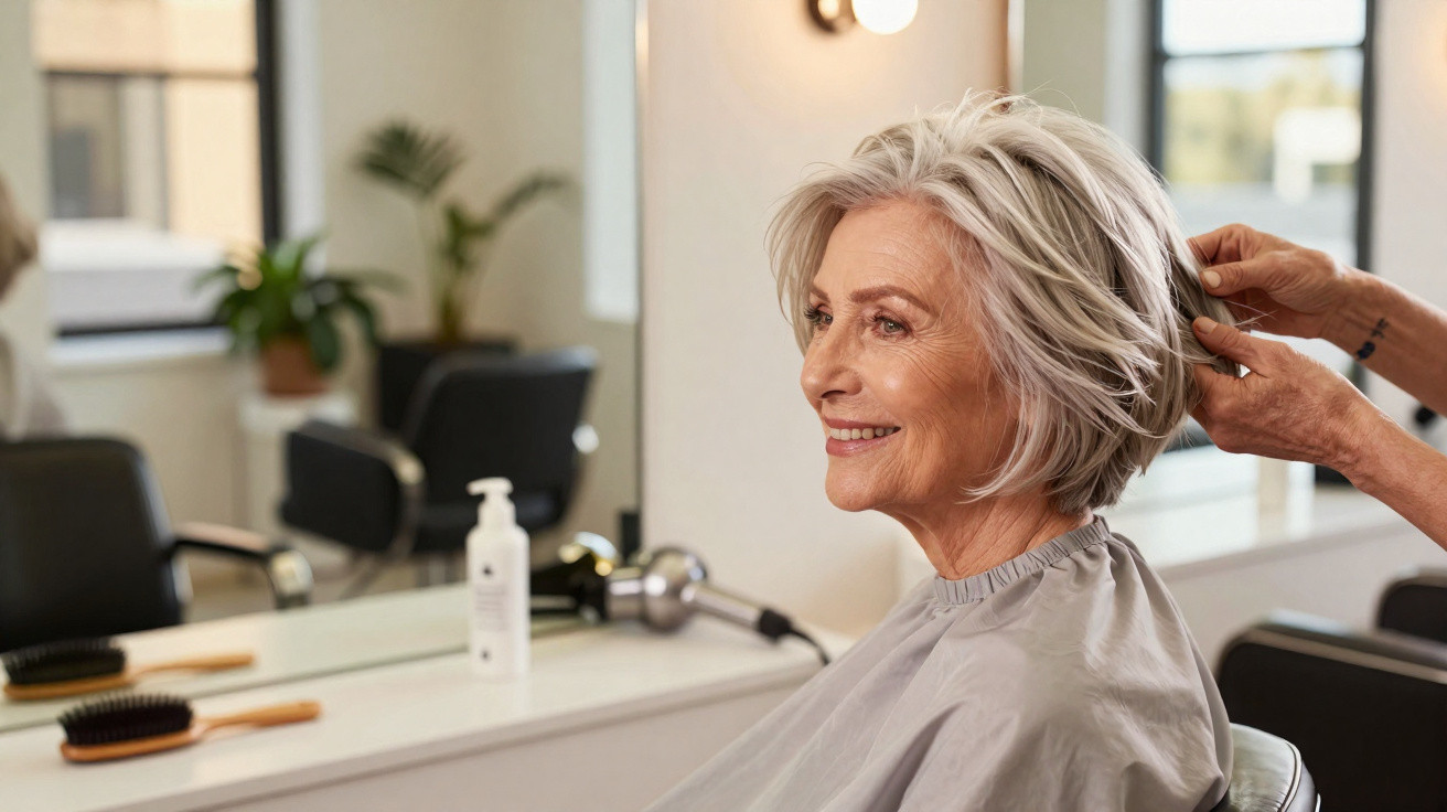 Mulher sorridente com cabelo grisalho a ser arranjada por cabeleireiro num salão moderno.