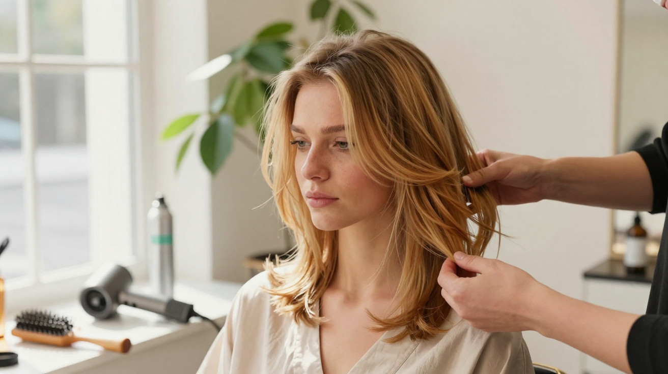 Mulher loira com cabelo médio a ser penteada num salão de beleza iluminado.