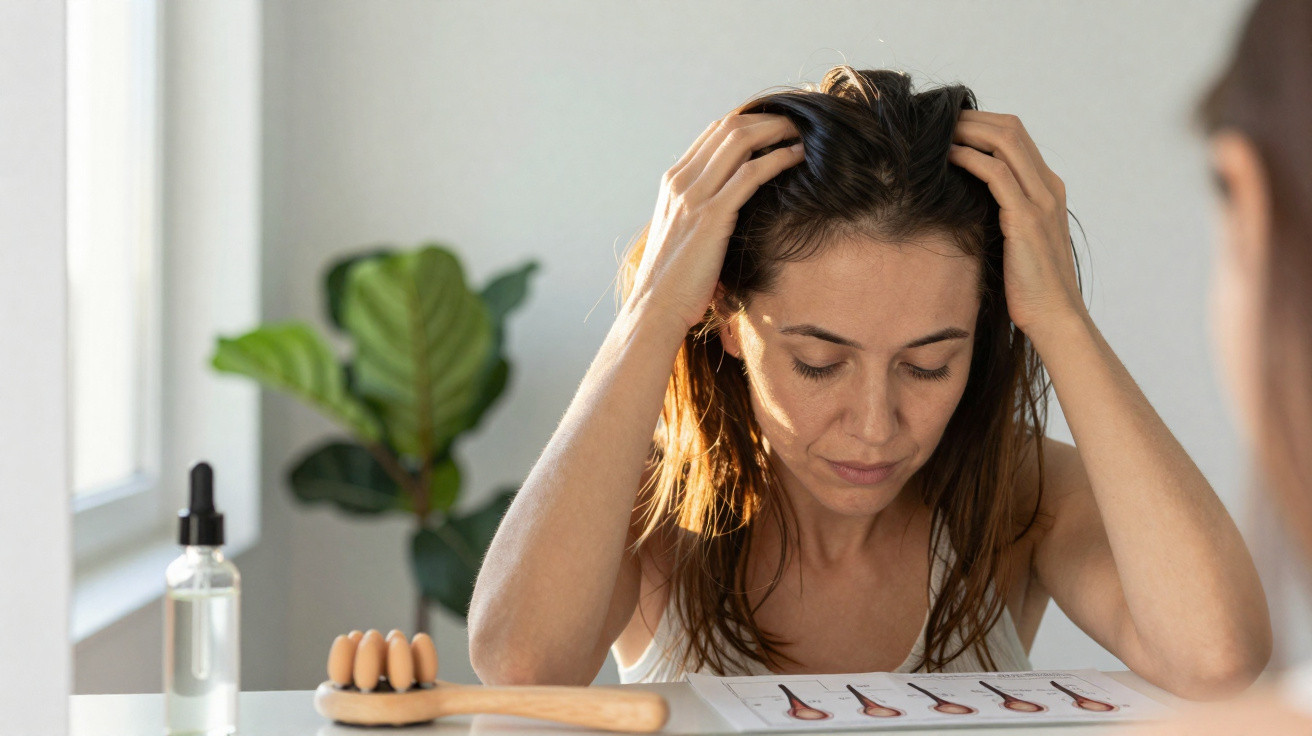 Mulher preocupada a olhar para imagens de cabelo, com mãos na cabeça, num ambiente luminoso e plantas ao fundo.