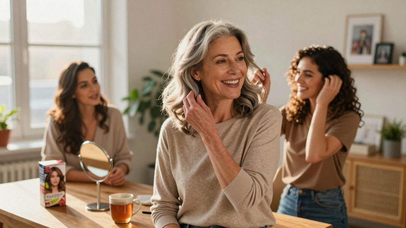 Três mulheres num ambiente luminoso a sorrir e a cuidar do cabelo, com verniz para cabelo visível na mesa.