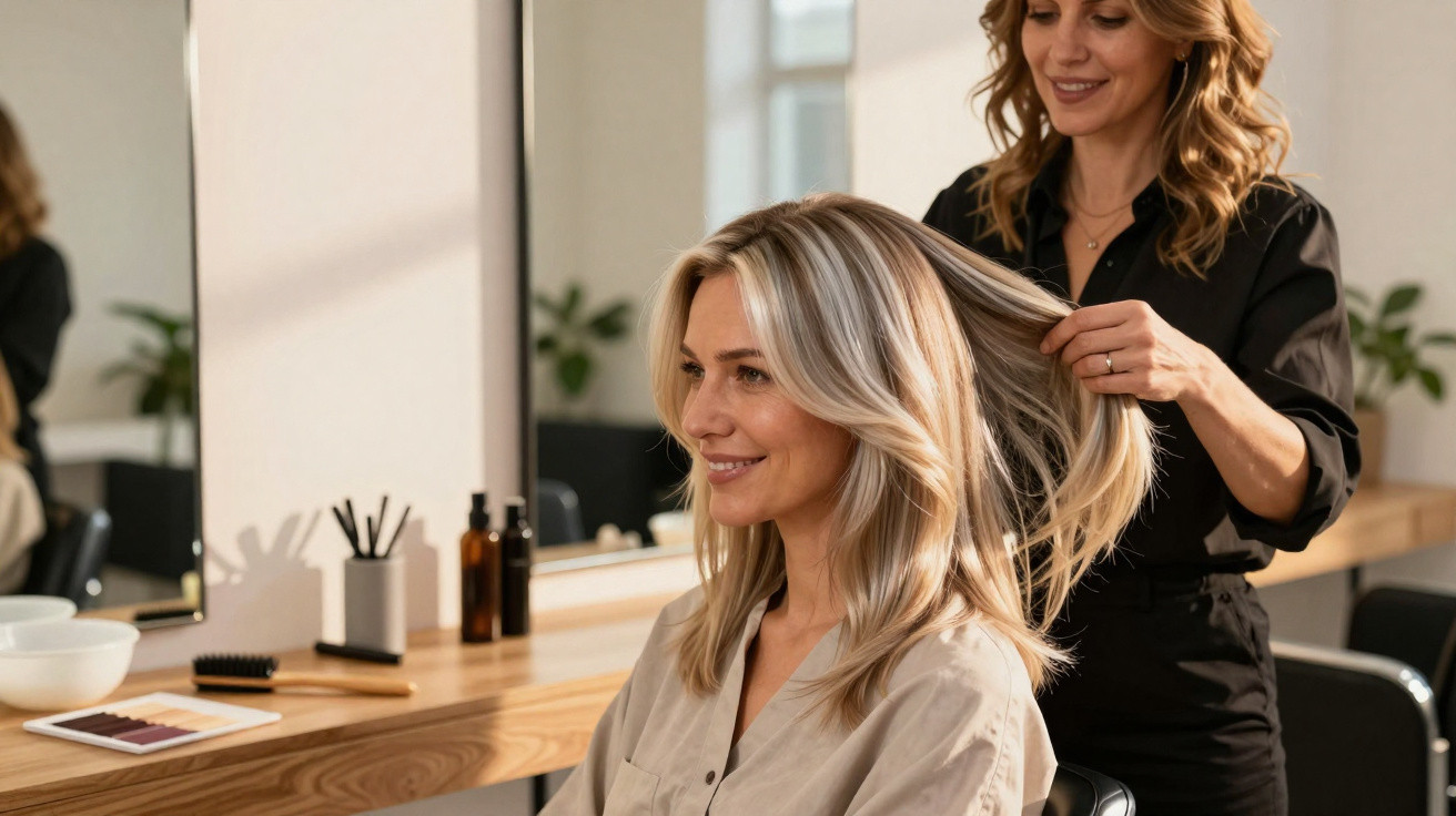 Cabeleireira a arranjar o cabelo de uma mulher loira num salão de beleza moderno e iluminado.