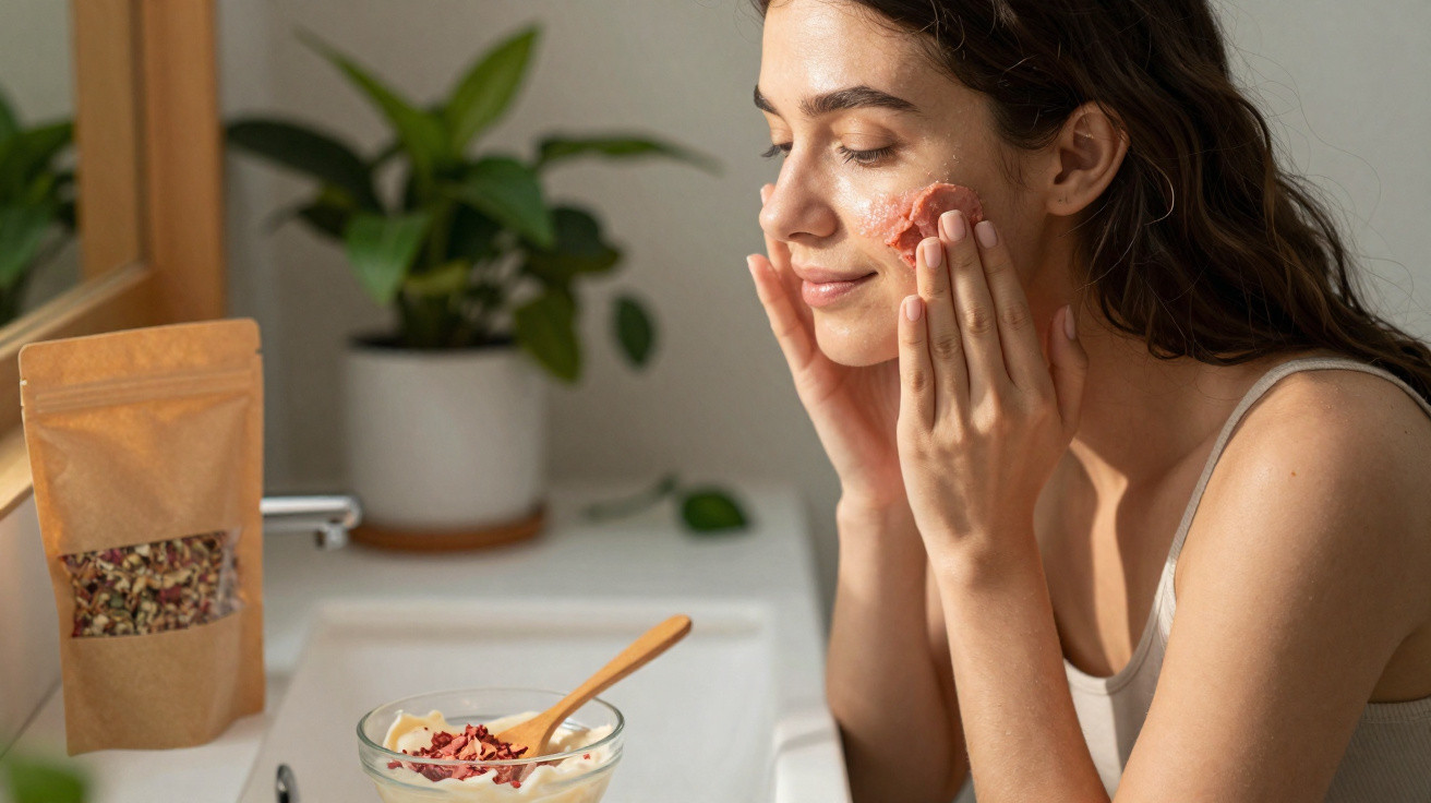 Mulher a aplicar esfoliante caseiro na face numa casa de banho com luz natural suave.