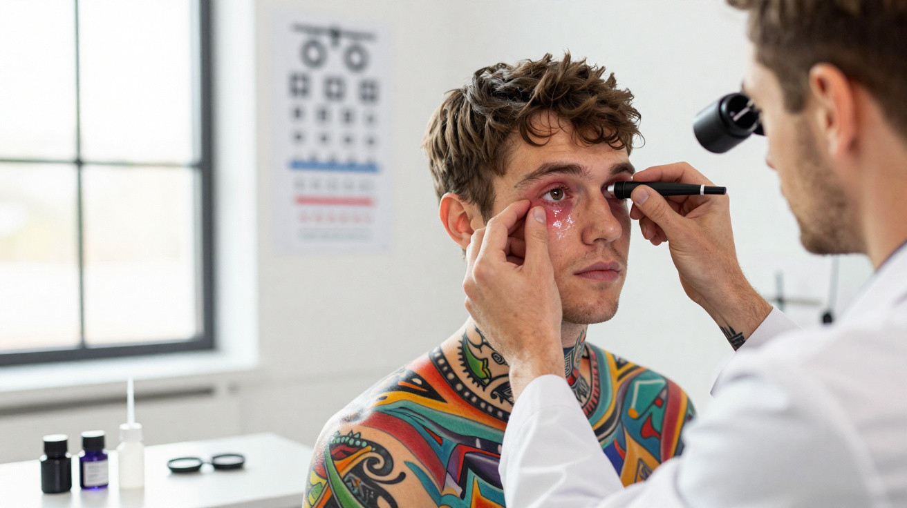 Homem com tatuagens a ser examinado nos olhos por médico com oftalmoscópio numa clínica.