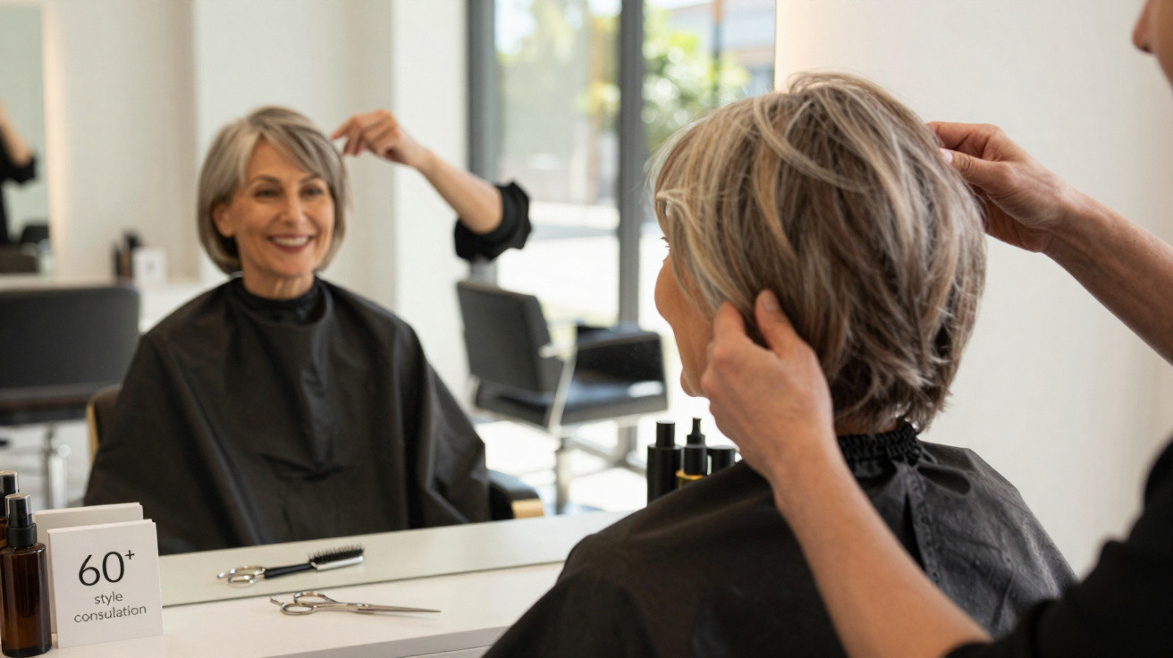 Mulher sénior na cadeira de cabeleireiro a consultar o seu novo corte de cabelo num espelho.