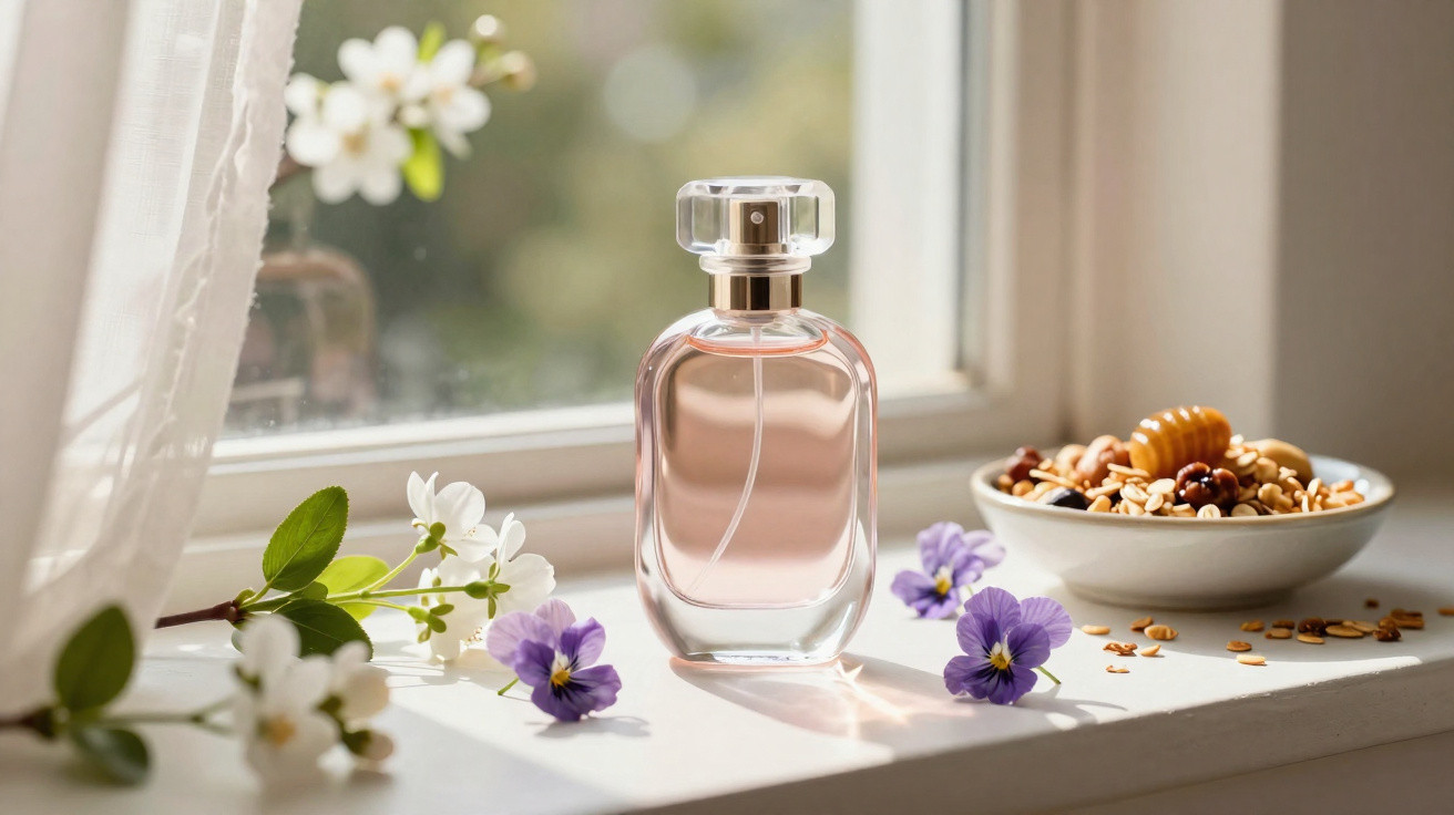 Frasco de perfume rosa sobre parapeito de janela com flores brancas e lilases e recipiente com frutos secos.