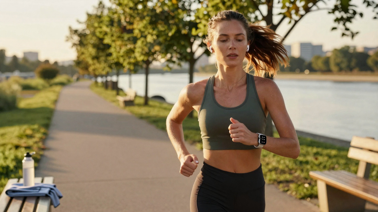 Mulher a correr junto a um rio numa manhã solarenga, trajando top verde e leggings pretas.