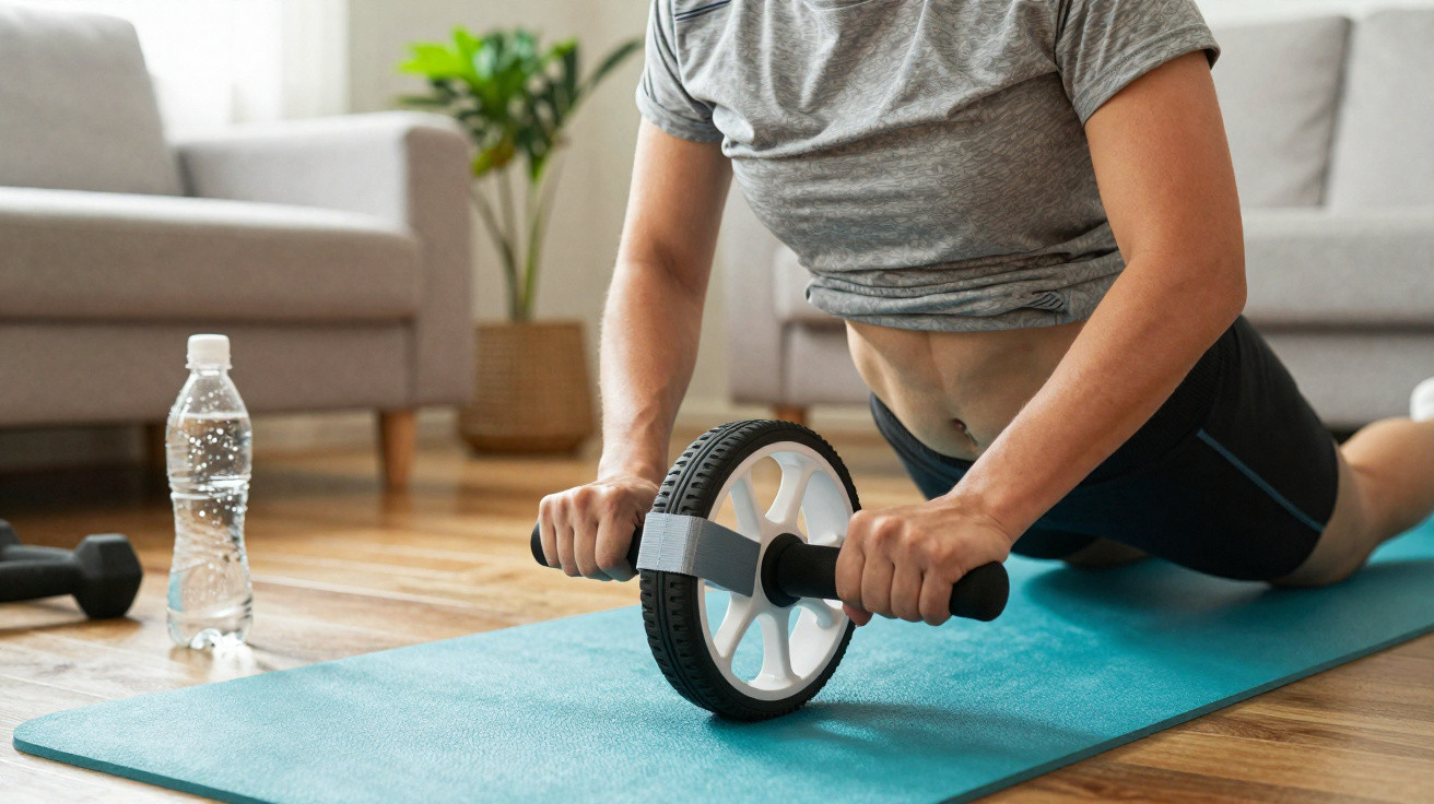 Pessoa a usar roda de exercícios para fortalecimento abdominal numa sala de estar.