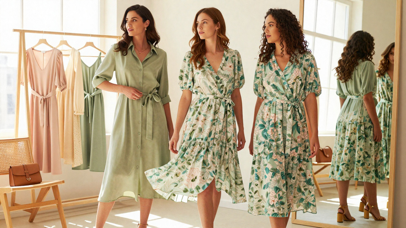Três mulheres em vestidos florais e lisos com cinto, experimentando roupas numa sala com iluminação natural.