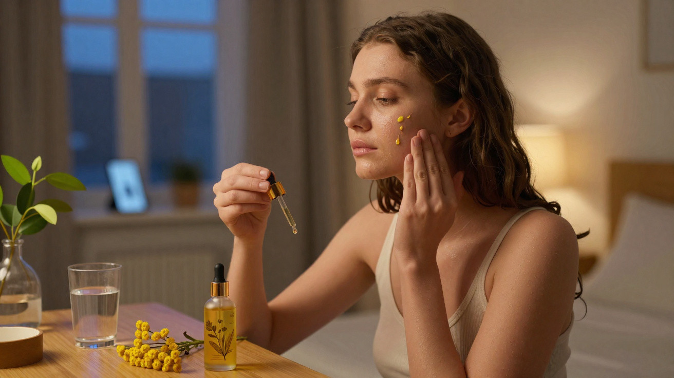 Mulher aplicando sérum facial amarelo num quarto com luz suave ao entardecer.