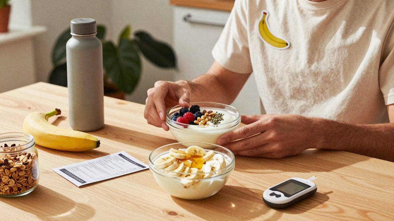 Pessoa segurando taça de iogurte com frutos vermelhos, ao lado de bananeira, granola e monitor de glicemia.