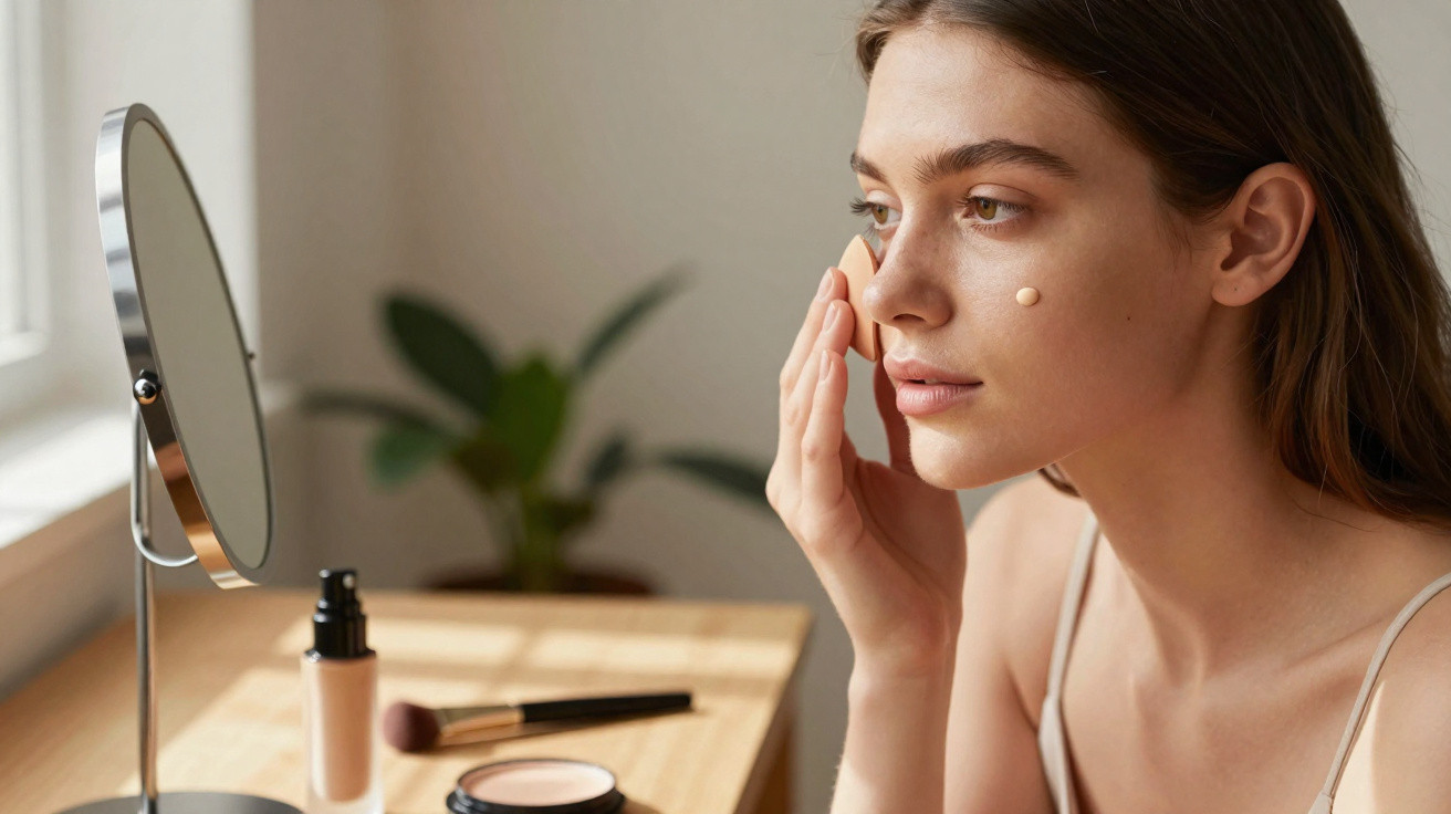 Mulher a aplicar maquilhagem com esponja, diante de espelho, numa mesa com produtos de beleza.