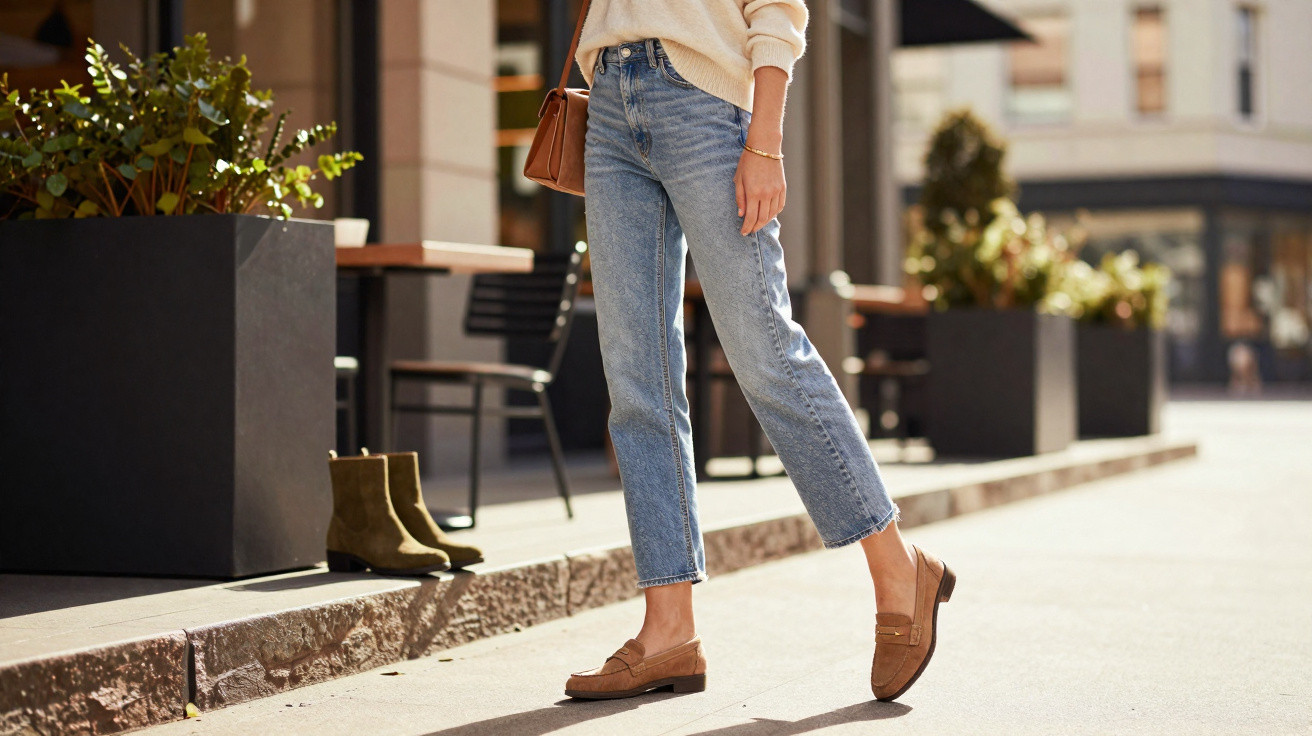 Pessoa com jeans azul, camisola bege, mocassins castanhos e mala castanha a andar numa rua da cidade.
