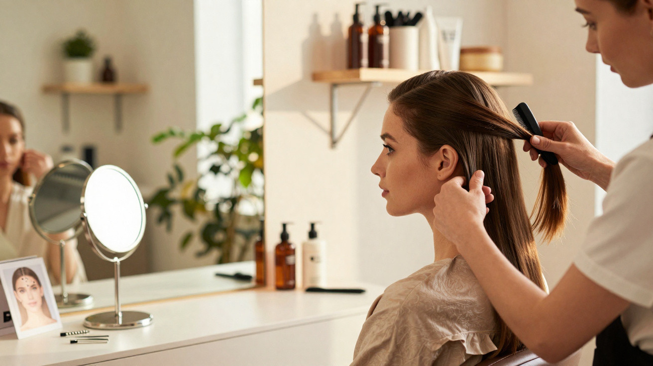 Mulher a fazer penteado num salão de beleza com várias garrafas e espelho ao fundo.