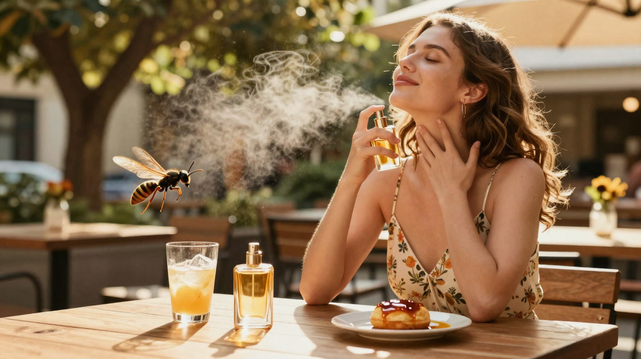 Mulher a aplicar perfume ao ar num café ao ar livre, com uma abelha a aproximar-se da fragrância.