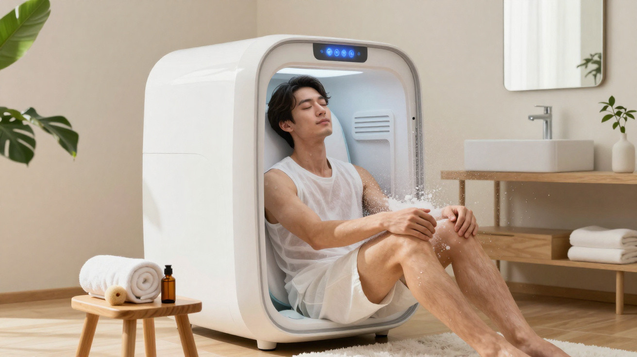 Homem relaxa dentro de máquina de crioterapia num ambiente de spa moderno e acolhedor.