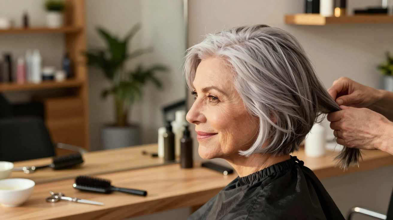 Mulher idosa de cabelo grisalho a receber um penteado num salão de cabeleireiro.