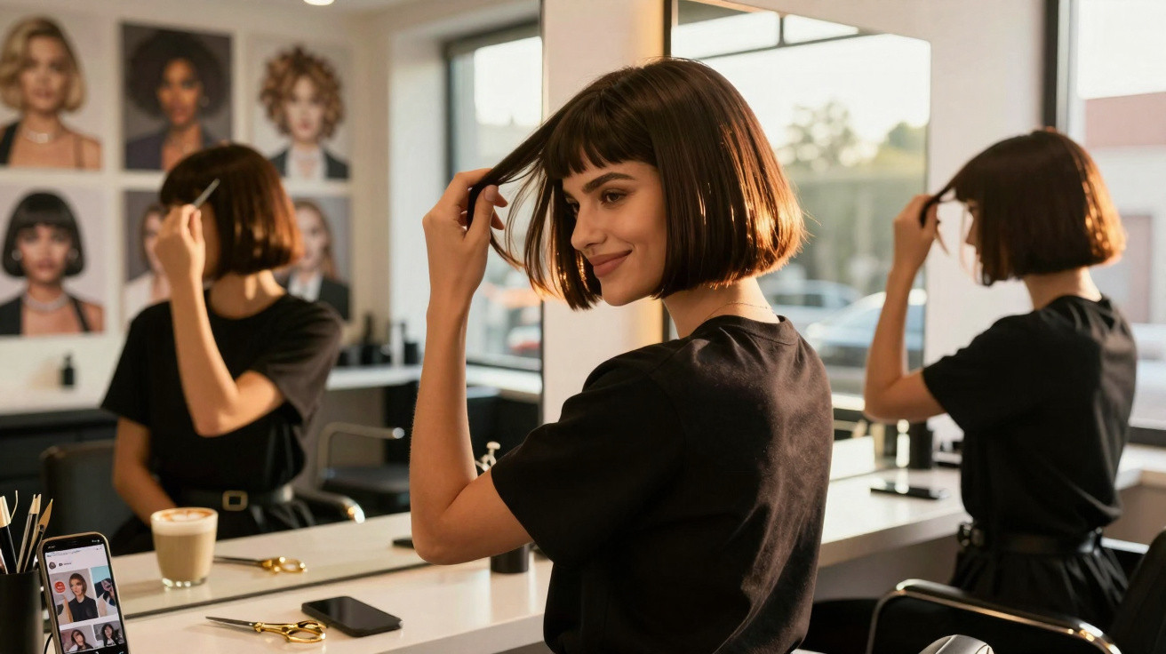 Mulher jovem com corte de cabelo bob, sorrindo enquanto toca no cabelo num salão de beleza moderno.