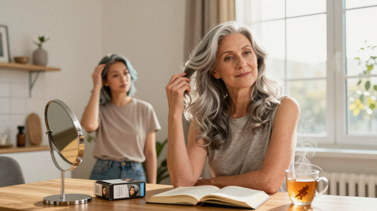 Mulher madura com cabelo grisalho sentado à mesa com livro aberto e chá, outra mulher ao fundo no quarto.