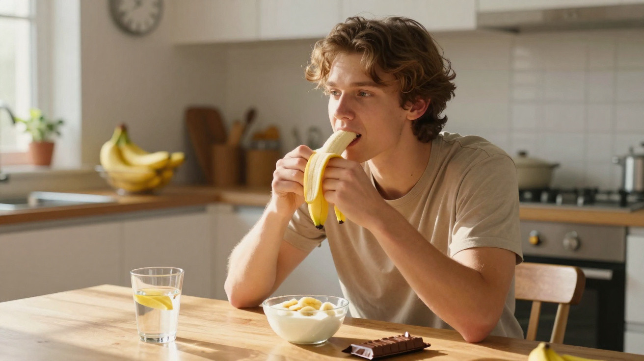 Homem jovem sentado à mesa na cozinha a comer uma banana com taça de cereais e copo de água.