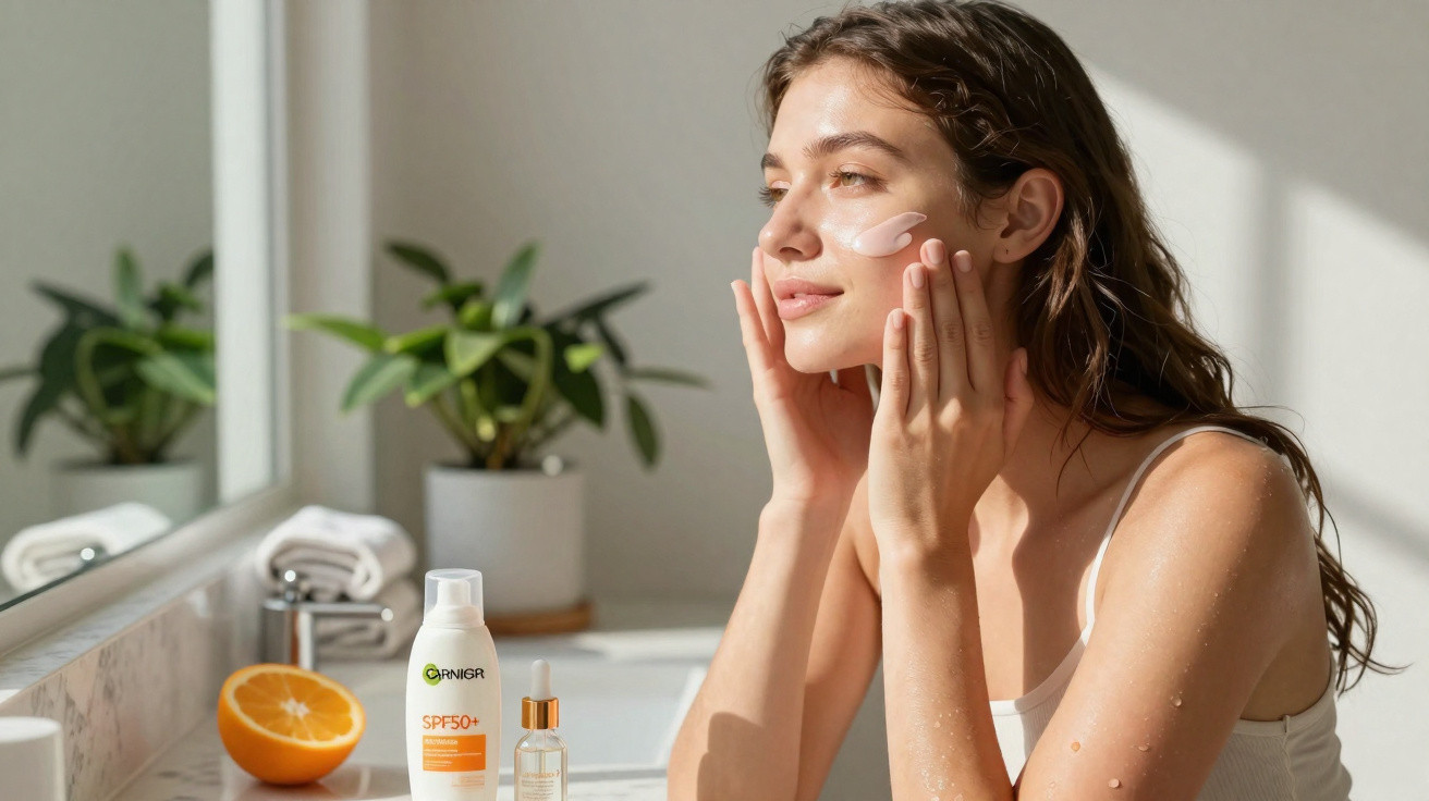 Mulher a aplicar creme facial hidratante junto a produtos de proteção solar num ambiente luminoso.