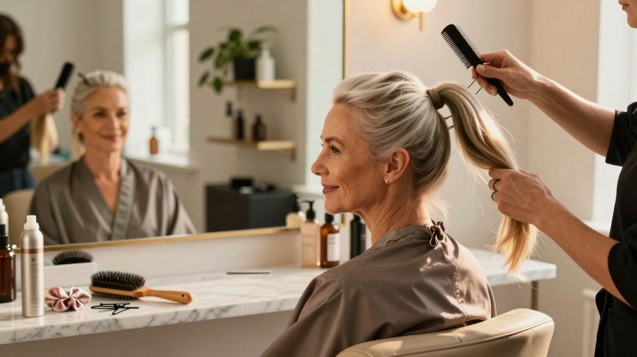 Mulher idosa sentada em cabeleireiro com cabeleireiro a pentear o cabelo numa fila no salão moderno.