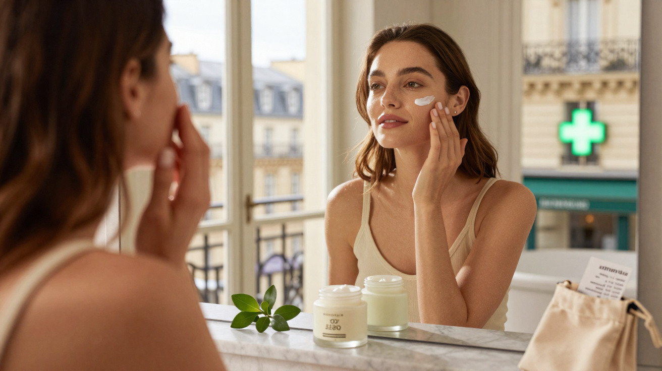 Mulher aplica creme facial no rosto enquanto se olha ao espelho num ambiente luminoso.