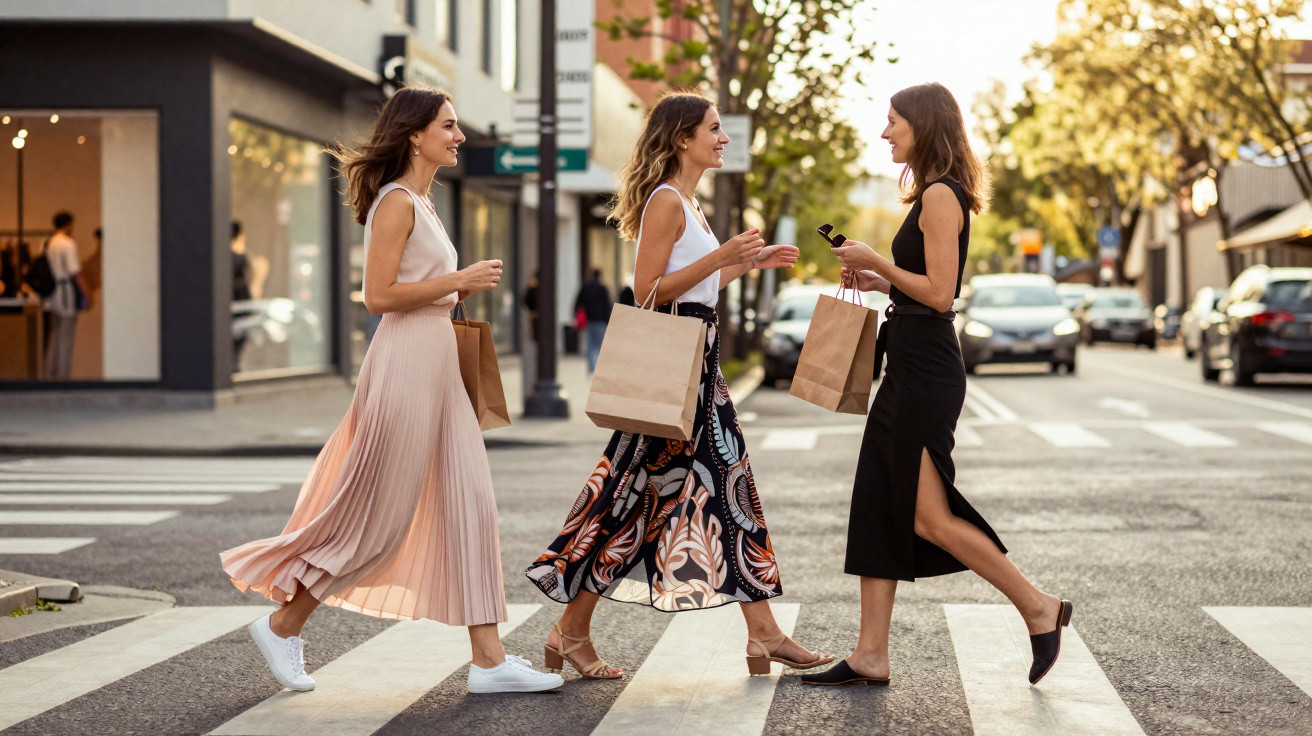 Três mulheres felizes a cruzar a rua com sacos de compras em ambiente urbano durante o dia.