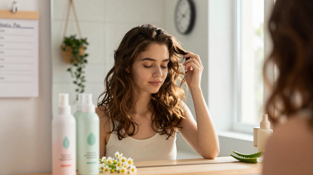 Mulher com cabelo ondulado a olhar para o espelho numa mesa com produtos de cuidado pessoal e flores.