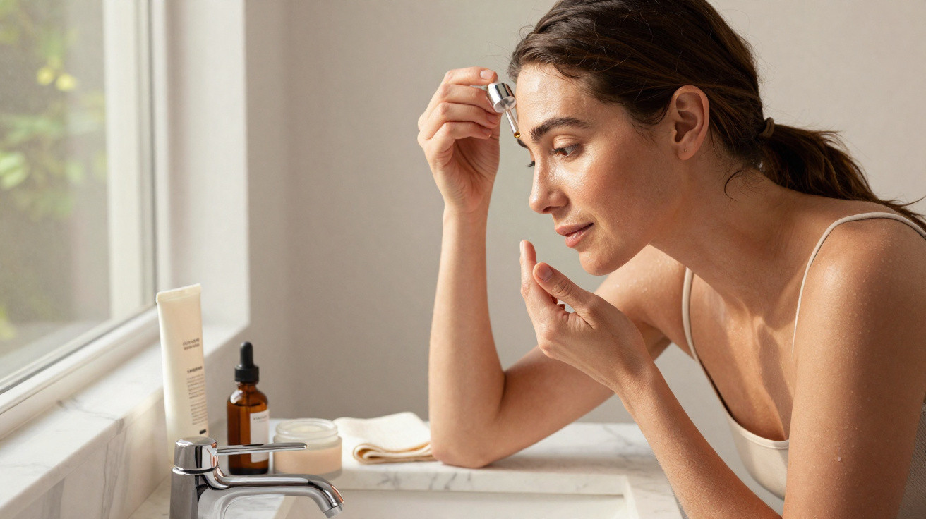 Mulher a aplicar sérum facial num lavabo com produtos de beleza e luz natural a entrar pela janela.