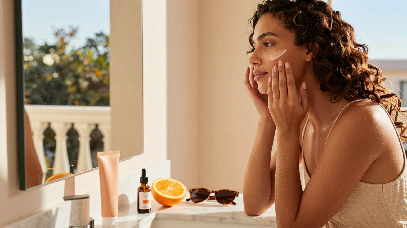 Mulher a aplicar creme facial, com produtos de cuidado de pele e metade de uma laranja numa bancada iluminada.