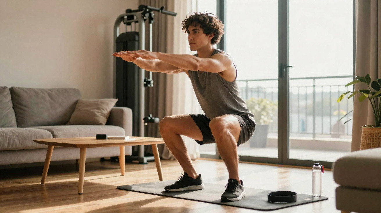 Jovem a fazer agachamentos em tapete de exercício numa sala com sofá e aparelho de musculação.