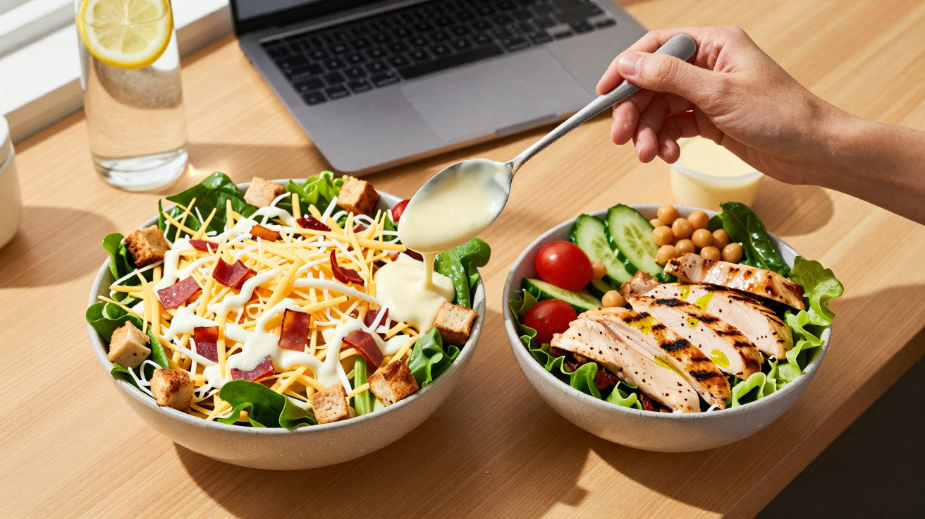Mesa com duas tigelas de salada, uma com frango grelhado e outra com queijo, bacon, croutons e molho.