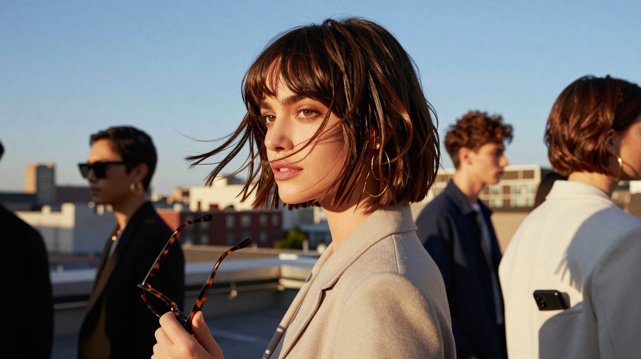 Jovem mulher com cabelo curto e blazer bege segura óculos de sol numa esplanada urbana ao entardecer.