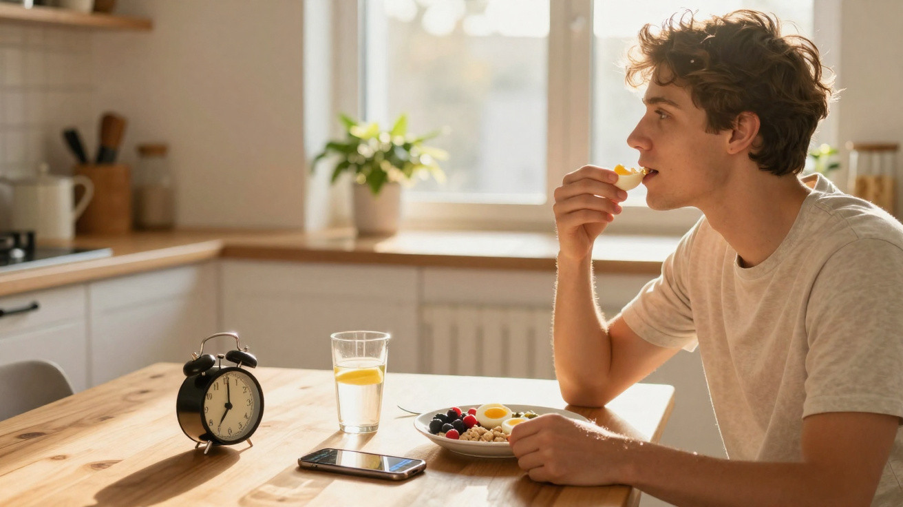 Jovem sentado à mesa, a comer pequeno-almoço, com relógio, telemóvel e copo de água com limão.