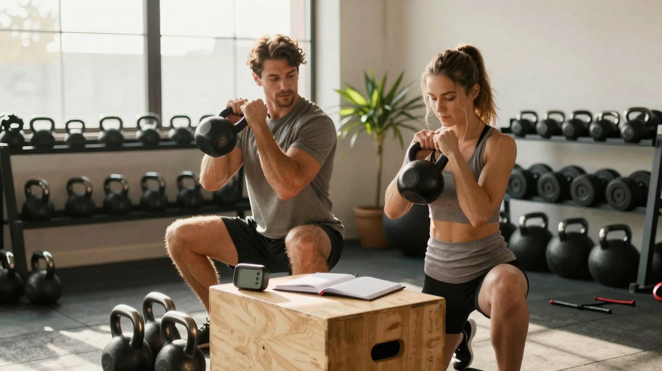 Homem e mulher a fazer exercícios com kettlebells num ginásio, com livro e cronómetro numa caixa em frente.