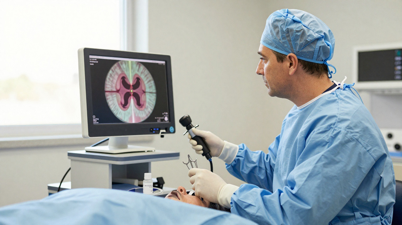 Médico em sala de cirurgia a realizar endoscopia nasal, com imagem anatómica no ecrã do computador.