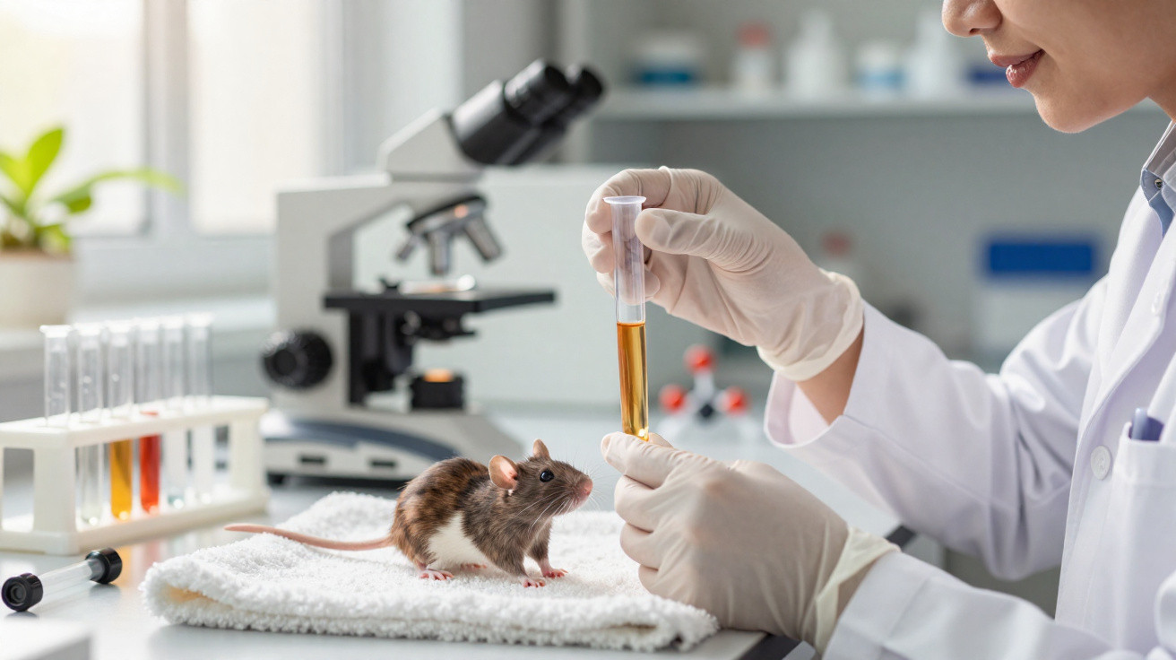 Cientista em laboratório com rato sobre toalha branca, segurando tubo de ensaio com líquido amarelo.