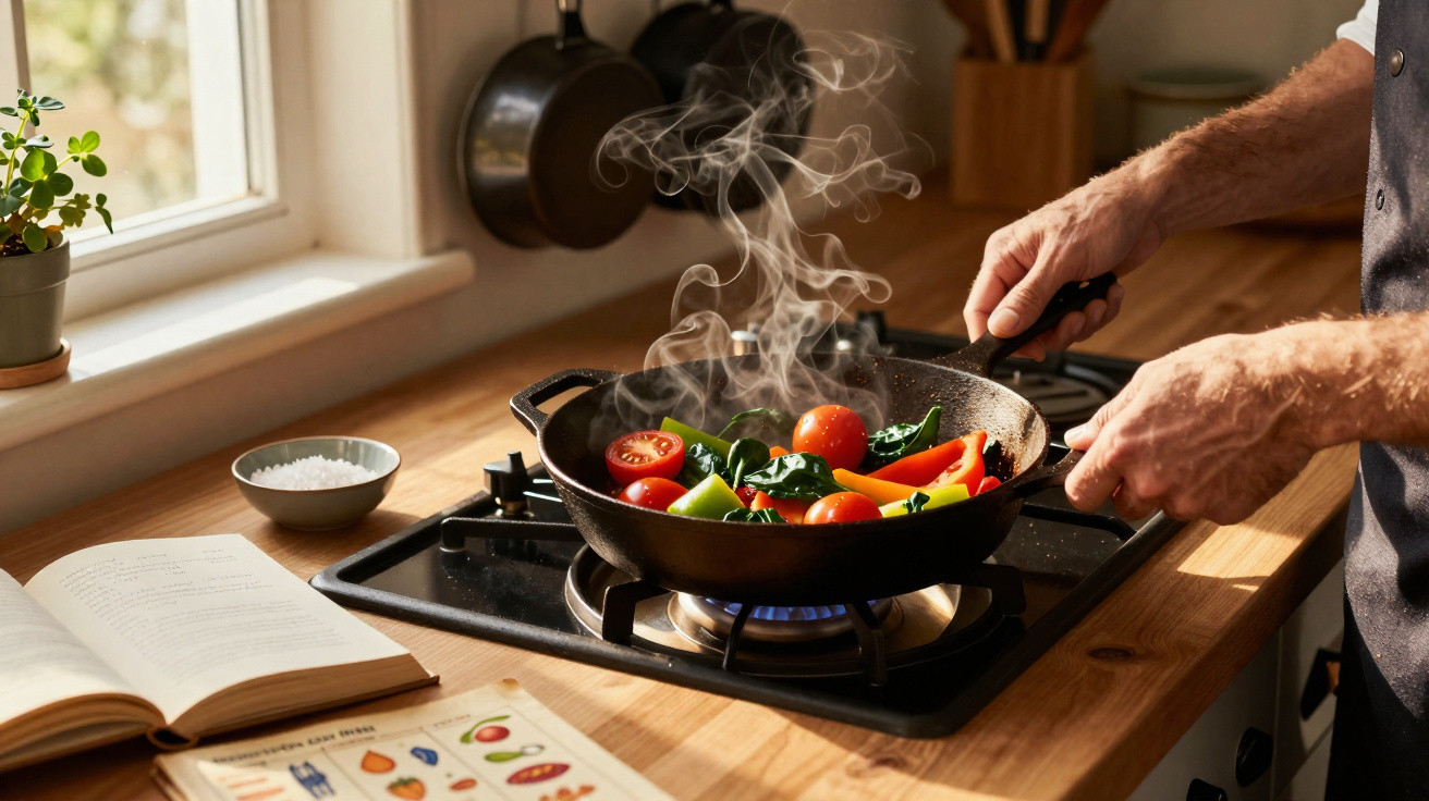 Mãos de pessoa a cozinhar legumes frescos numa frigideira com chamas e vapor numa cozinha iluminada.