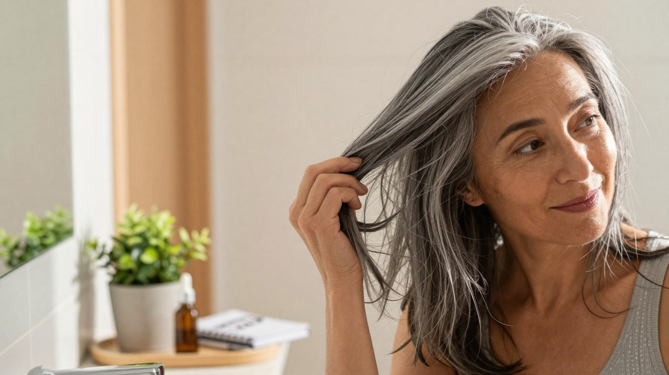 Mulher madura com cabelo grisalho a olhar pelo espelho, segurando o cabelo com a mão num contexto de casa de banho.