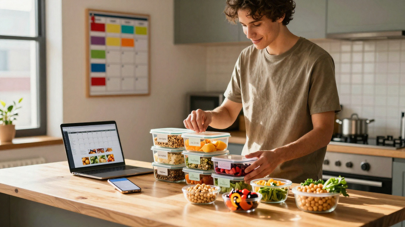 Jovem a preparar marmitas saudáveis na cozinha, com laptop e smartphone numa bancada de madeira.