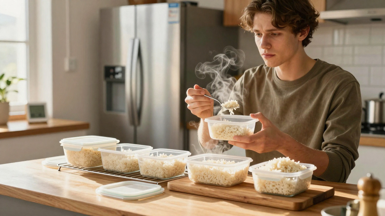 Homem jovem a guardar arroz quente em recipientes de plástico na cozinha.