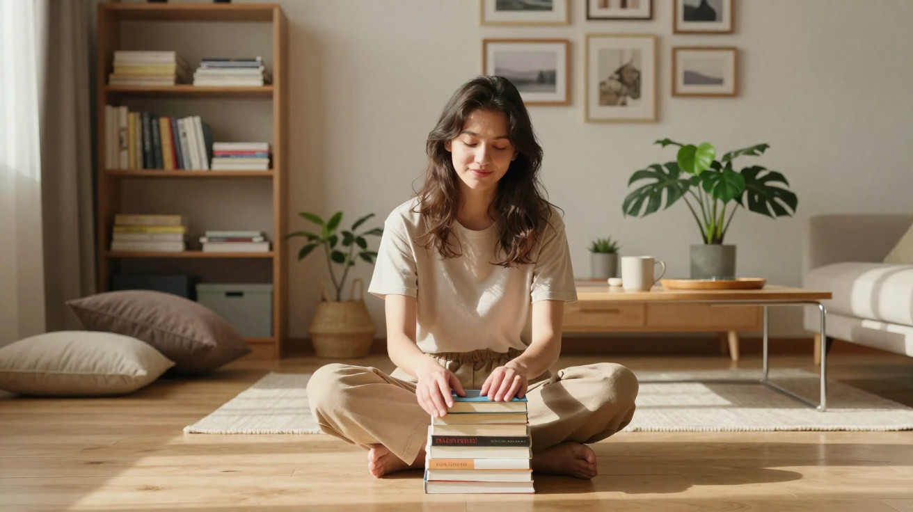 Mulher sentada no chão com pernas cruzadas a segurar pilha de livros numa sala luminosa e acolhedora.