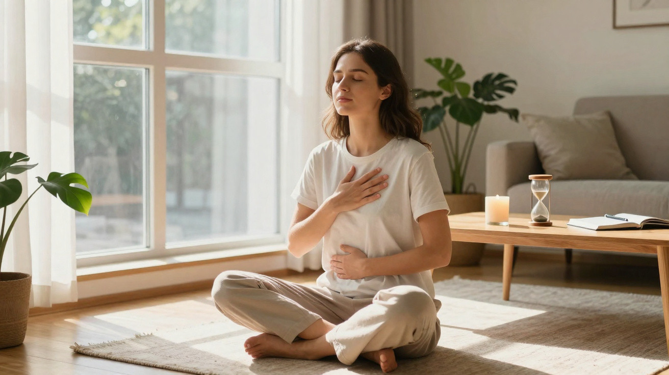 Mulher sentada em posição de lótus a praticar meditação e respiração profunda numa sala iluminada.