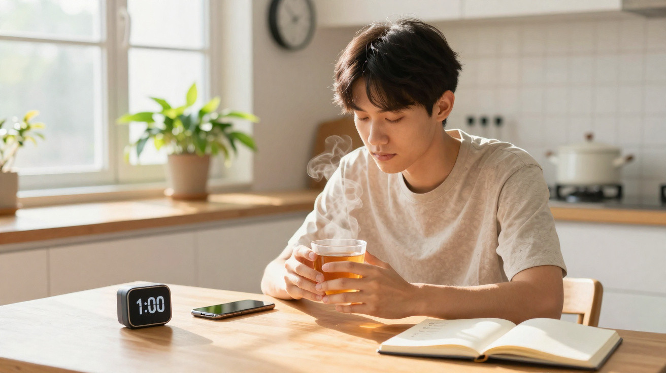 Jovem sentado à mesa na cozinha a segurar chá quente, com livro aberto e relógio digital à frente.