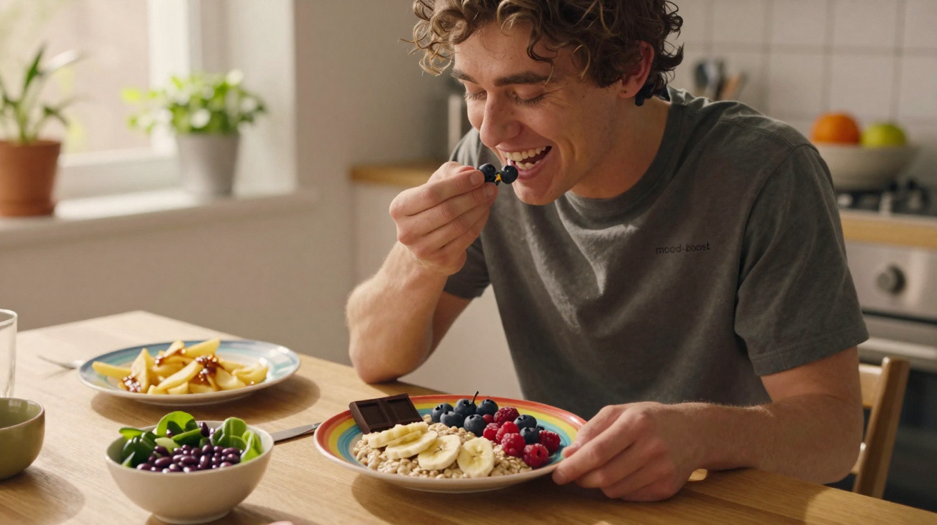 Jovem a sorrir enquanto come uma tigela de aveia com frutas e chocolate numa cozinha iluminada.