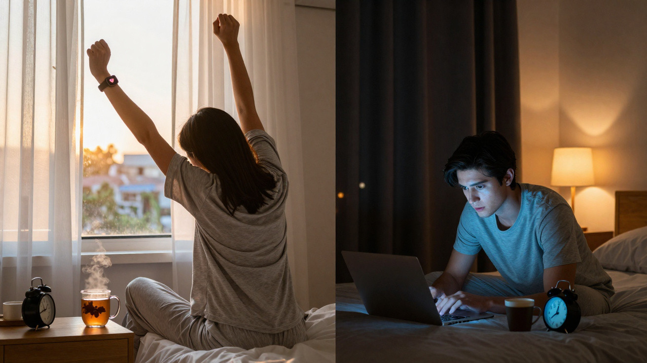 Colagem mostra uma mulher a esticar-se ao amanhecer e um homem a usar computador à noite na cama.