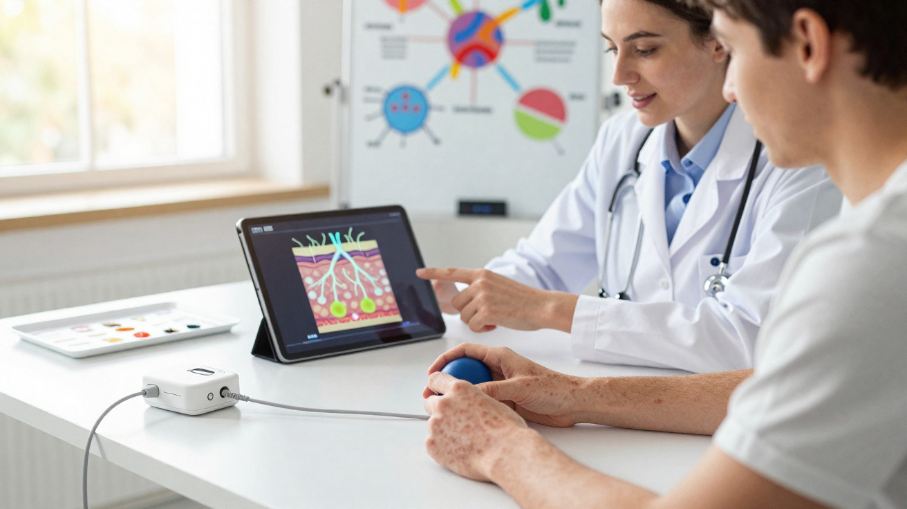 Médica explica a um paciente o funcionamento da pele usando modelo digital num tablet durante consulta.