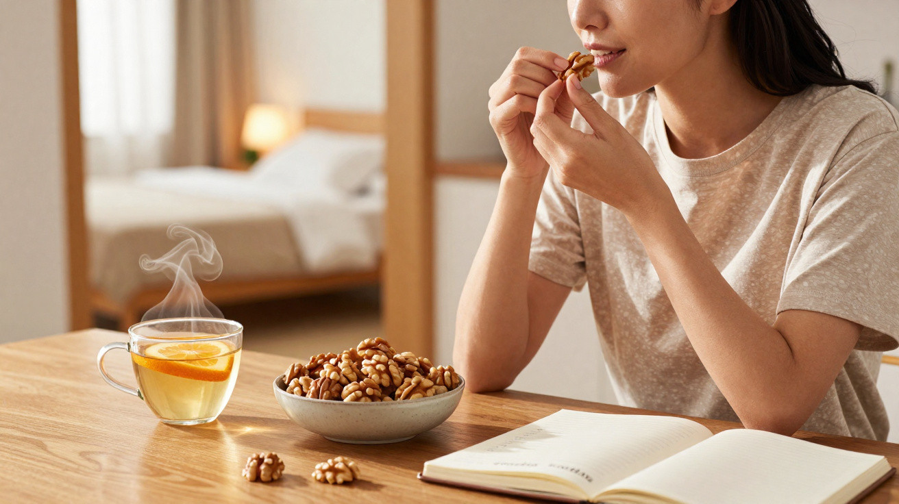 Pessoa a comer nozes junto a chá com rodelas de laranja e caderno aberto numa mesa de madeira.