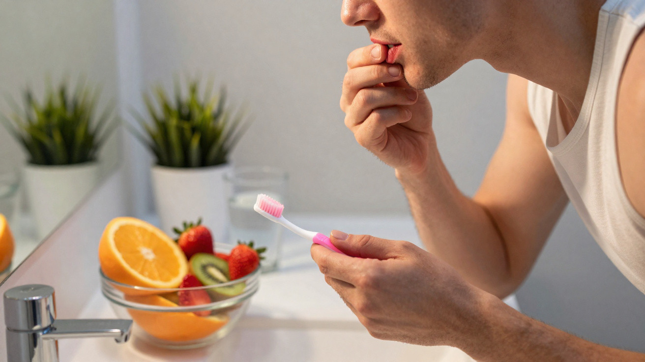 Homem a segurar escova de dentes e olhar para o espelho na casa de banho com fruta num prato junto à pia.