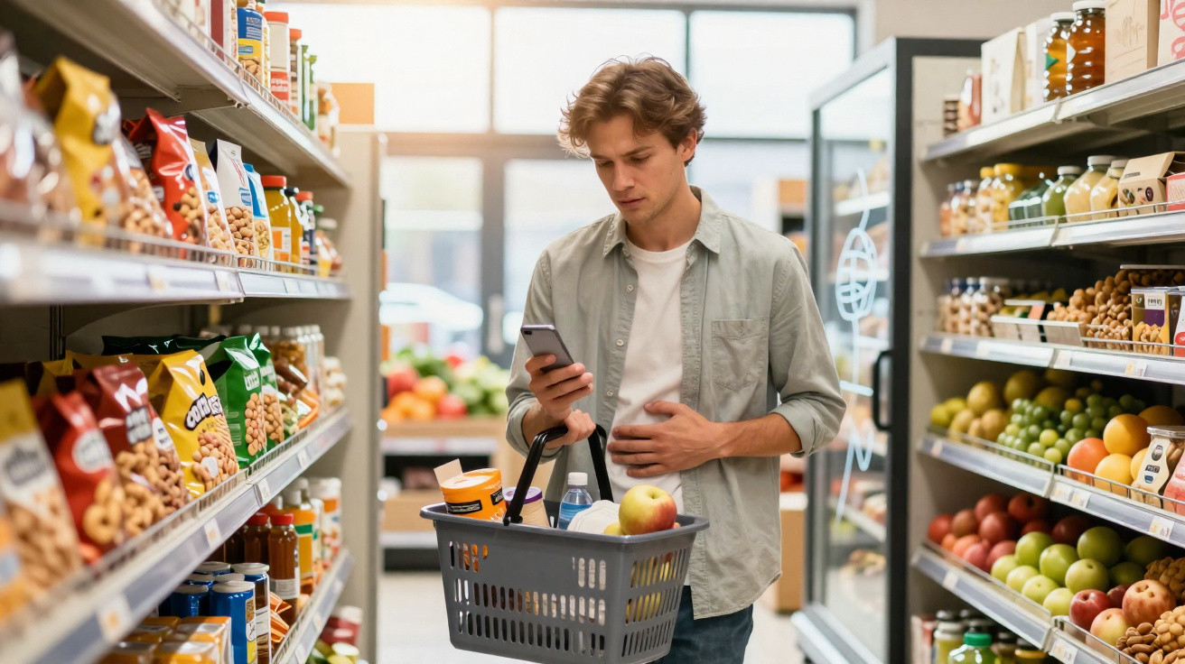 Homem jovem a fazer compras e consultar o telemóvel num supermercado entre prateleiras de alimentos.